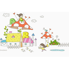 儿童节手绘蘑菇房子女孩云朵