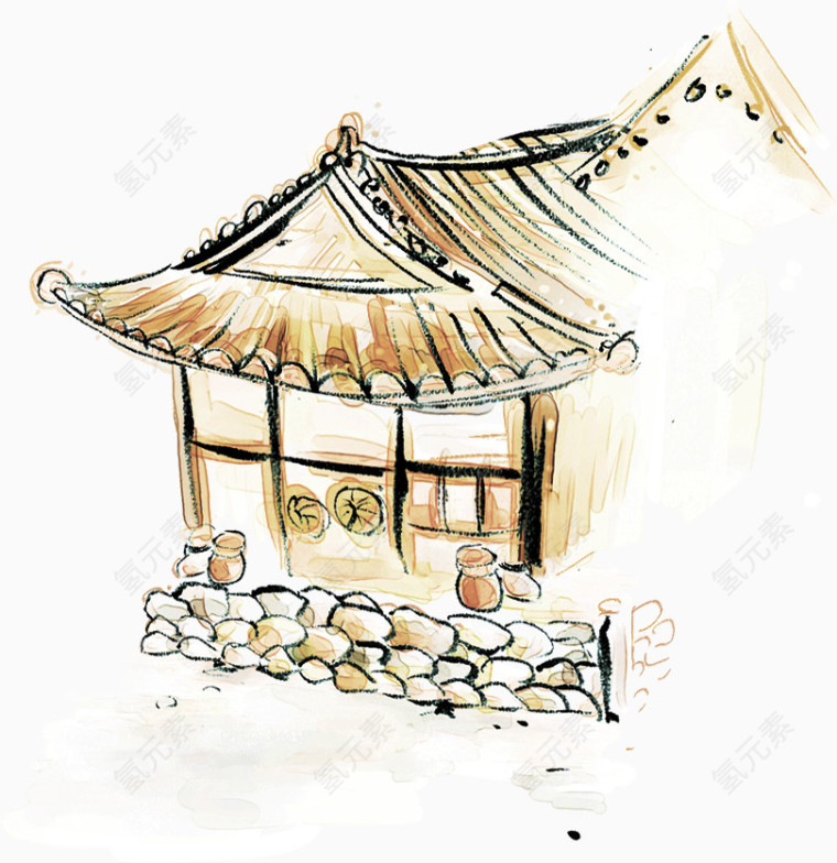 手绘茅屋