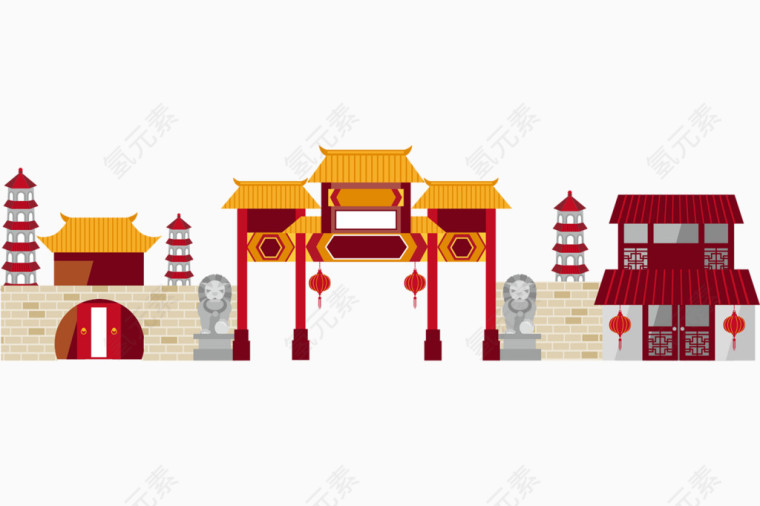 年货节中国古典建筑卡通手绘节日素材