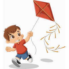 卡通放风筝的小男孩