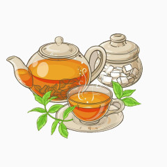 茶壶茶匙泡茶手绘装饰元素