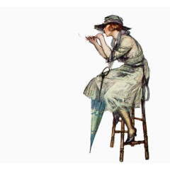 拿伞坐在凳子上的女士