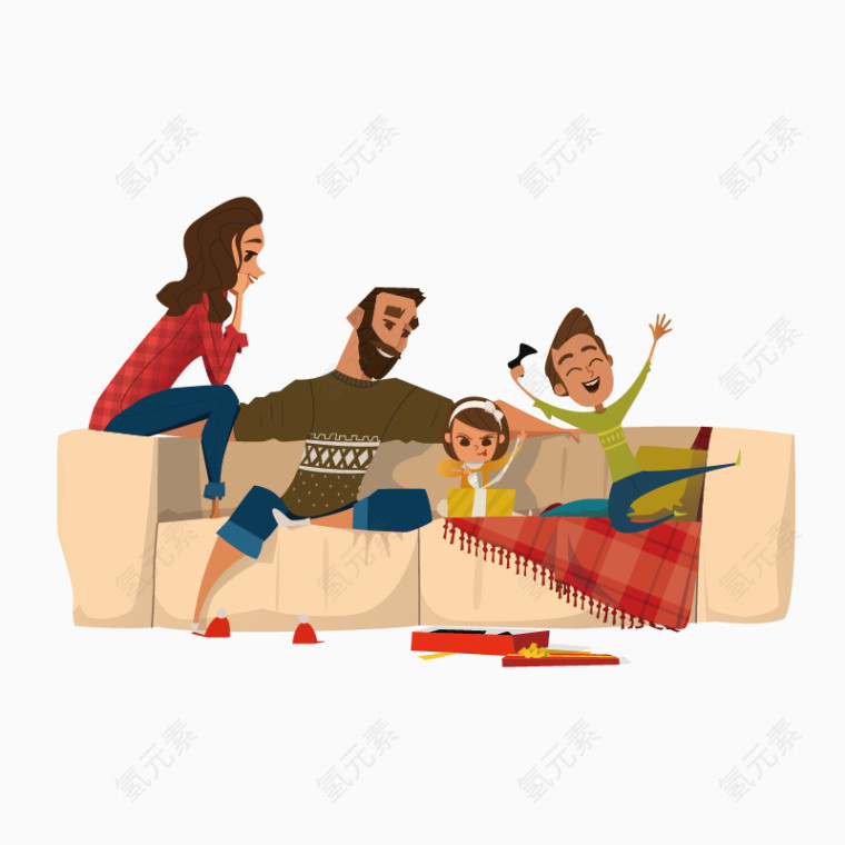 卡通手绘一家人坐沙发上