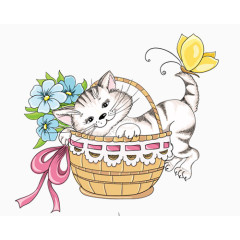  小猫蝴蝶花篮子