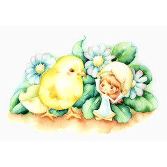 手绘清新小鸡女孩插画