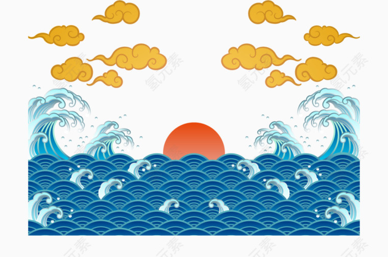 矢量卡通创意大海日出