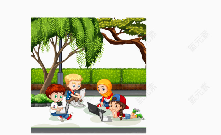 四个用电脑学习的儿童矢量素材