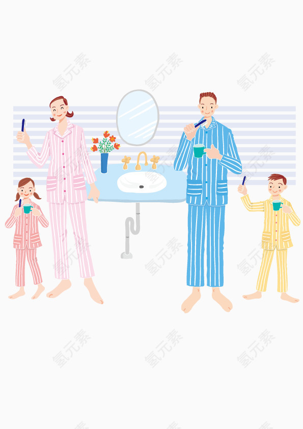 一家人早上一起洗漱