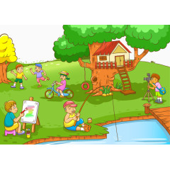 矢量在河边玩耍的可爱孩子素材