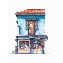 日系手绘建筑二层素材