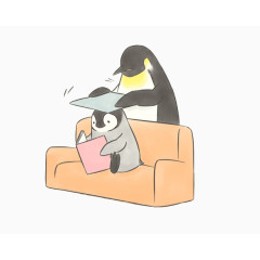 手绘卡通企鹅父子