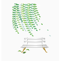 柳树和白色的公共椅子