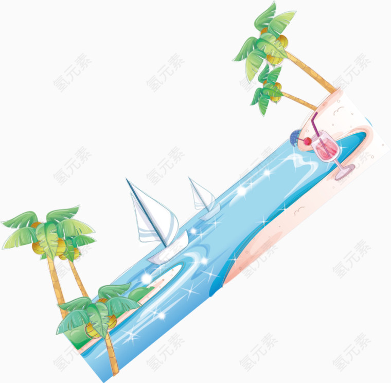 夏日元素沙滩海洋帆船卡通手绘装饰元素
