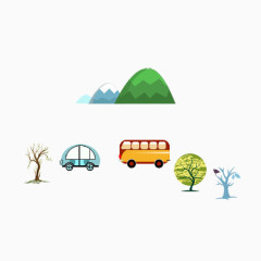 卡通可爱汽车大山小树元素