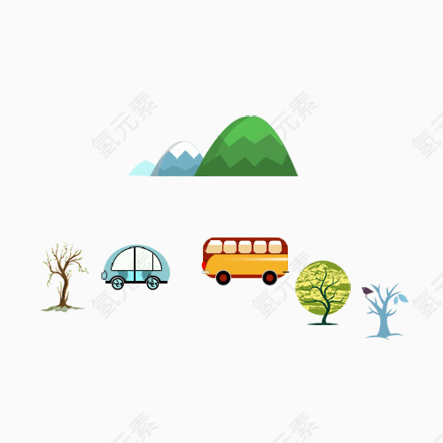 卡通可爱汽车大山小树元素