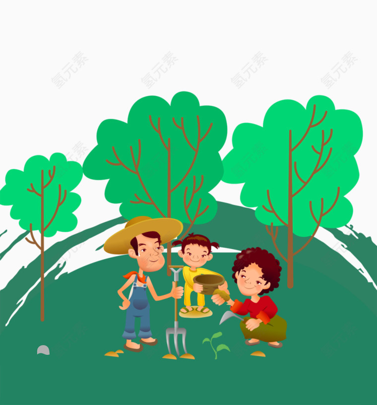 卡通手绘一家三口植树