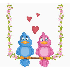 卡通手绘可爱恋爱中情侣鸟花朵