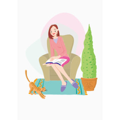 手绘美女和猫咪