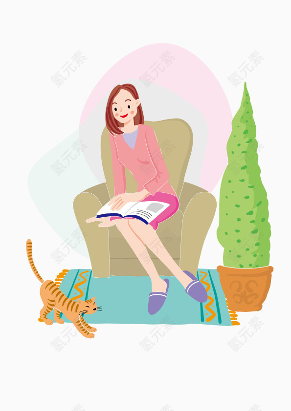 手绘美女和猫咪