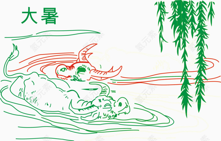 大暑二十四节气手绘水牛游泳矢量