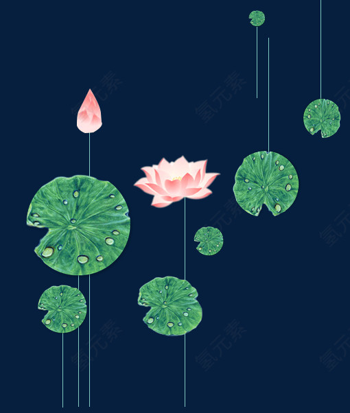 中国风碧绿色荷叶和粉红荷花