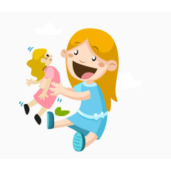 玩布娃娃的小女孩水彩卡通手绘