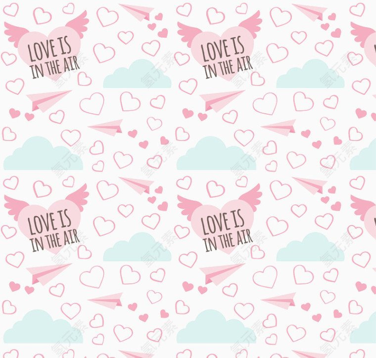 翅膀爱心与云无缝背景矢量