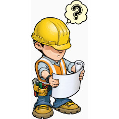 卡通手绘看图纸的有疑问的建筑施工人员 