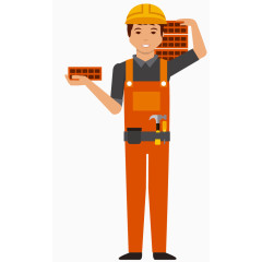 卡通手绘橙色工作服工程工人托砖头