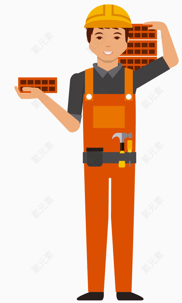 卡通手绘橙色工作服工程工人托砖头