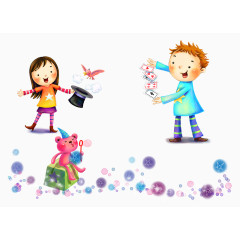 卡通插画男孩女孩鸟儿