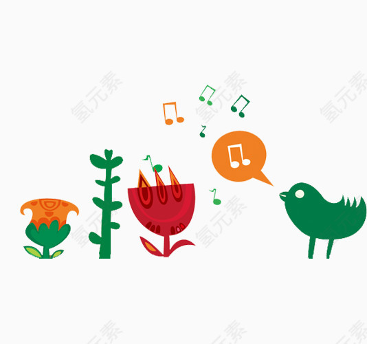 鸟树花卡通手绘装饰元素