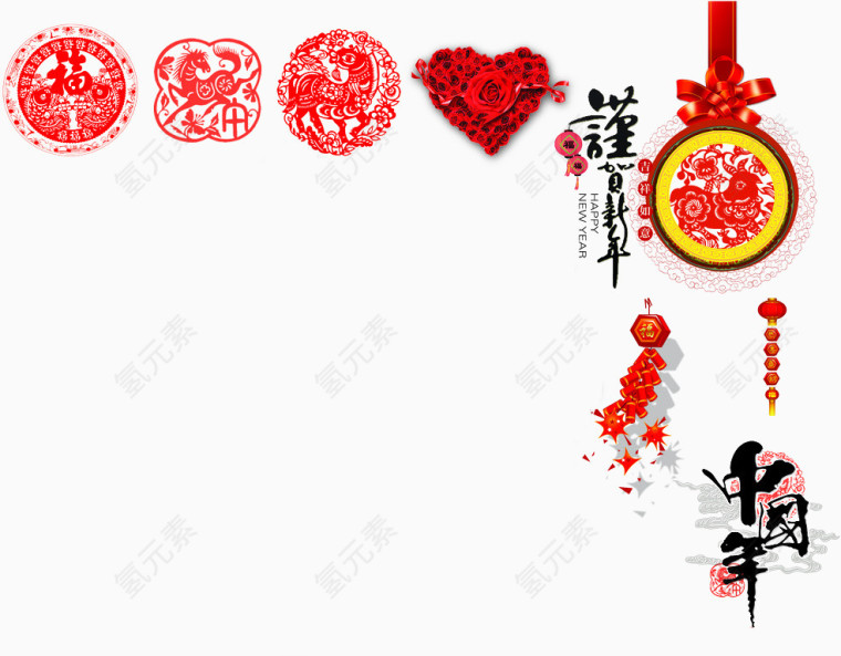 红色中国结与剪纸效果元素