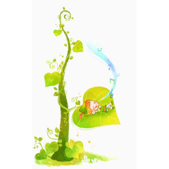 手绘清新叶子上睡觉的男孩插画