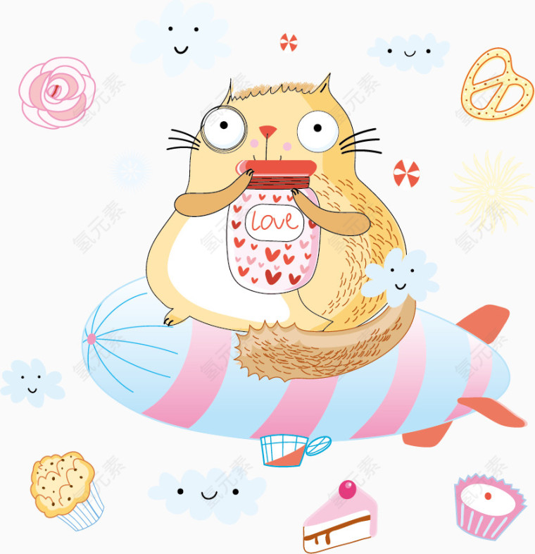 卡通可爱矢量肥猫食物飞机