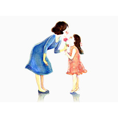 水彩绘画母亲女儿拿着花卡通形象