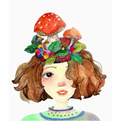 手绘采蘑菇的小女孩