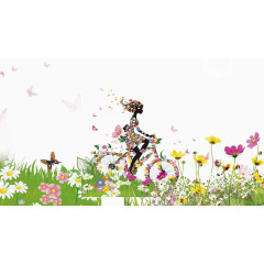 在花丛中骑车的彩色女孩