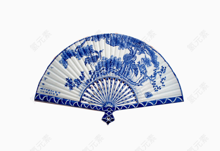 蓝色折扇青花瓷特色装饰素材