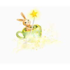 水彩清新坐在茶杯上发兔子