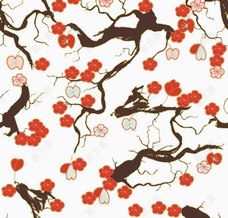 褐色树木和花朵免扣图案