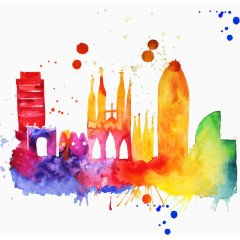 水彩绘巴塞罗那建筑