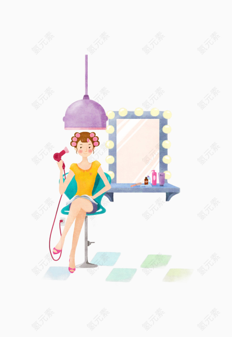手绘在发廊烫发的美女