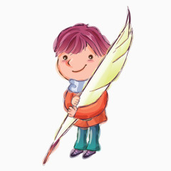 卡通手绘拿鹅毛的小男孩