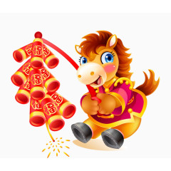 卡通手绘玩鞭炮的小马