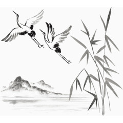 仙鹤竹子水墨画