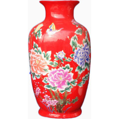 红色喜庆陶瓷牡丹花瓶
