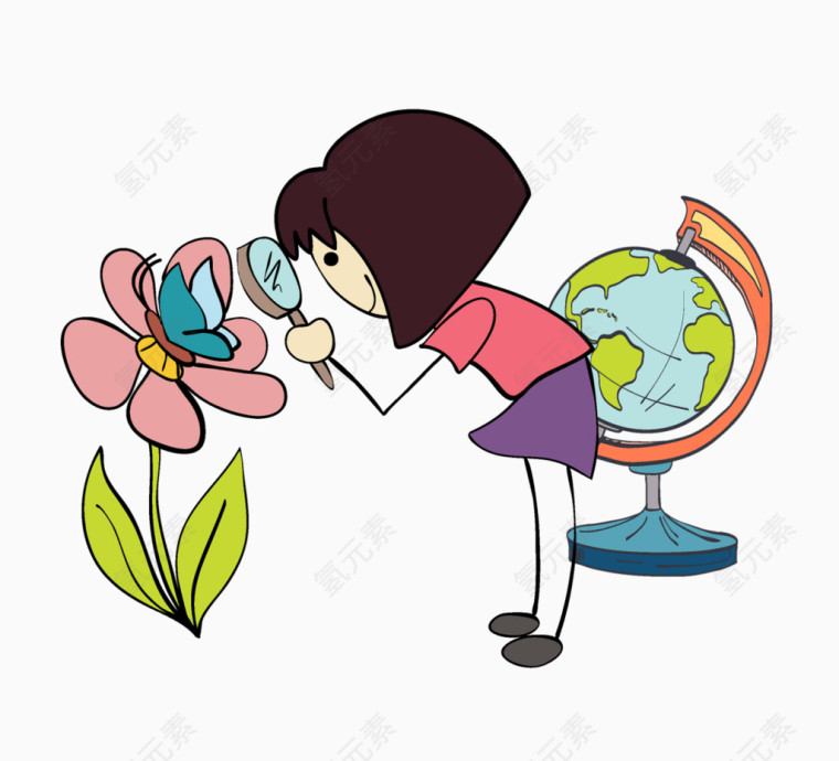 卡通手绘女教师研究花卉