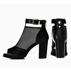 黑色方根鱼嘴网纱环扣鞋鞋跟相对