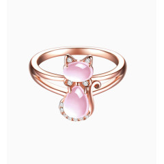 粉色水晶黄金小猫蝴蝶结戒指
